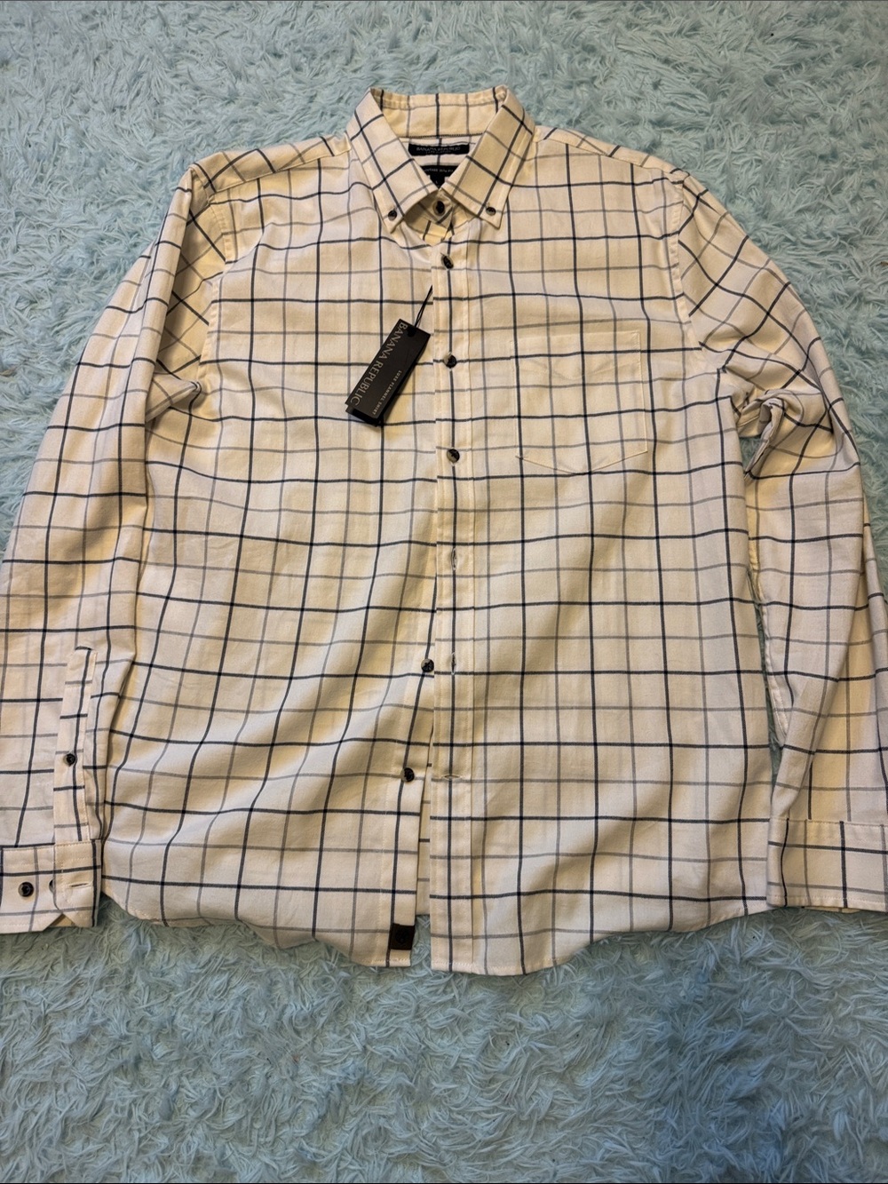 Banana Republic Men's White Shirt with Navy Windowpane Check untucked mens large